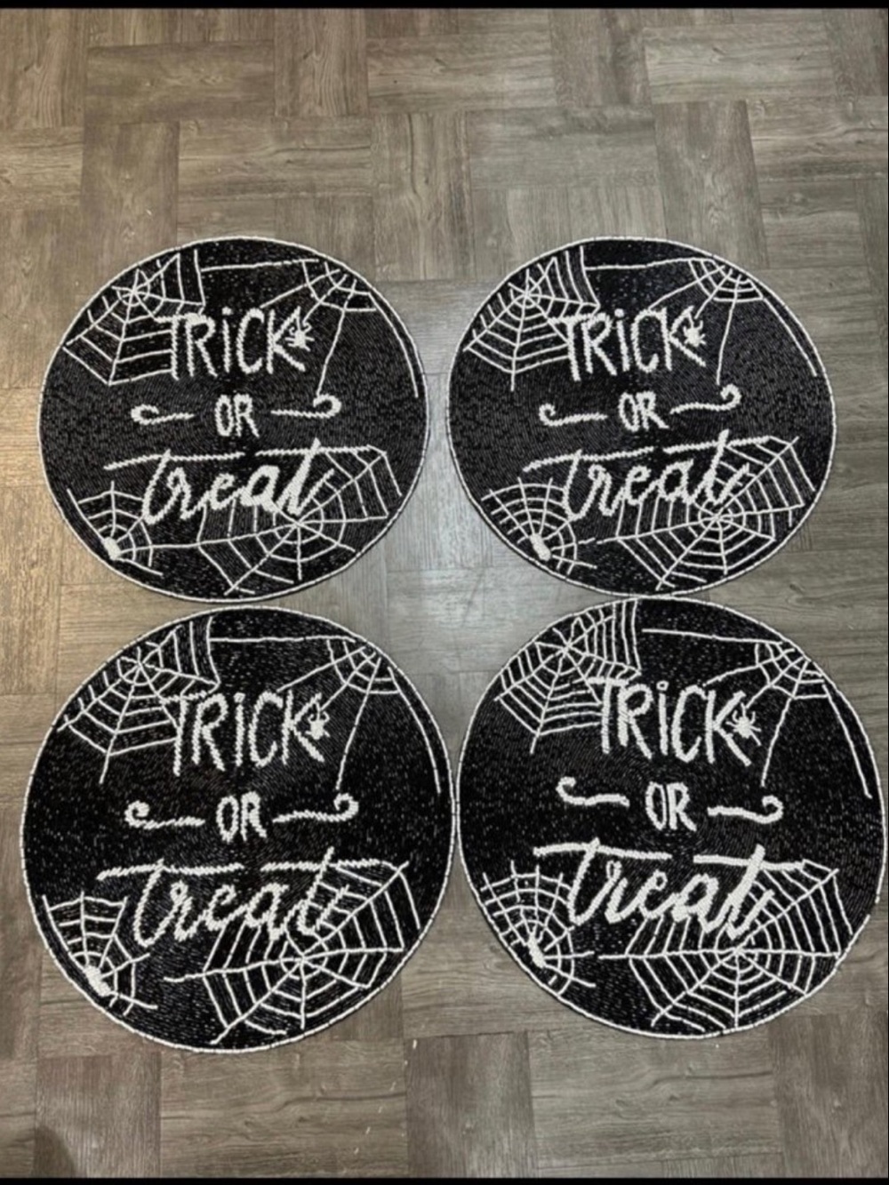 Trick or Treat Halloween Round beaded placemats - Black and White